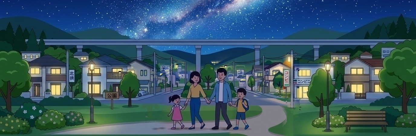 夜の北摂・満天の星空と温かい街並みを散歩する家族